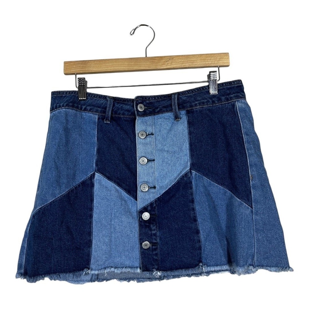 American Eagle Hi-Rise Festival Mini Patchwork Denim Skirt Blue Frayed Size 12